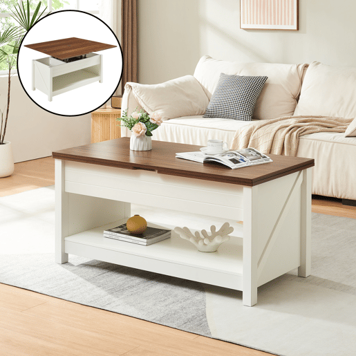 Mesa de centro Kasama com tampo elevável - 110x55x54 cm - Efeito nogueirabranco