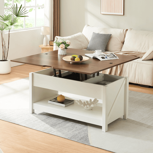 Mesa de centro Kasama com tampo elevável - 110x55x54 cm - Efeito nogueirabranco