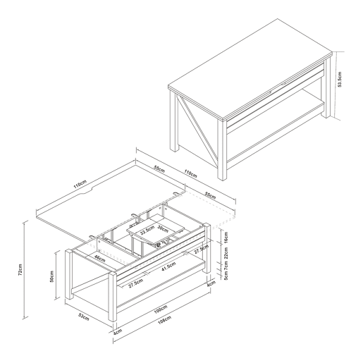 Mesa de centro Kasama com tampo elevável - 110x55x54 cm - Efeito nogueirabranco