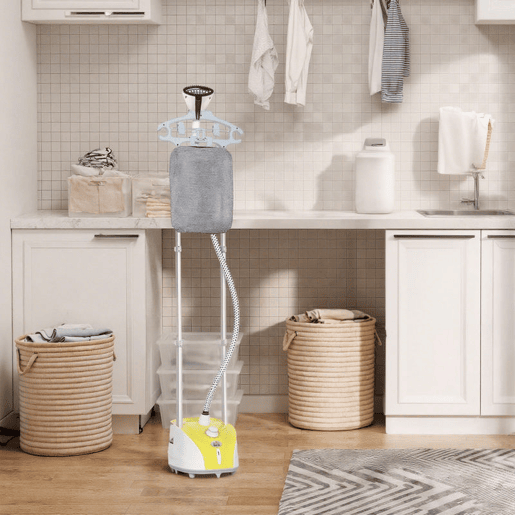 HOMCOM Ferro de Engomar a Vapor para Roupa 1800W Temperatura Ajustável em 11 Níveis Ferro de Engomar Vertical com Barra Dupla Depósito de 2 L Aquecimento em 38s 35x25x47-118,5 cm Amarelo