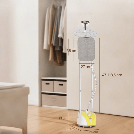 HOMCOM Ferro de Engomar a Vapor para Roupa 1800W Temperatura Ajustável em 11 Níveis Ferro de Engomar Vertical com Barra Dupla Depósito de 2 L Aquecimento em 38s 35x25x47-118,5 cm Amarelo