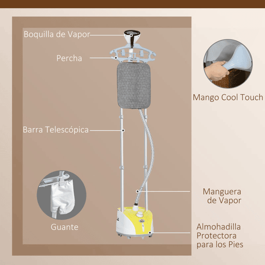 HOMCOM Ferro de Engomar a Vapor para Roupa 1800W Temperatura Ajustável em 11 Níveis Ferro de Engomar Vertical com Barra Dupla Depósito de 2 L Aquecimento em 38s 35x25x47-118,5 cm Amarelo
