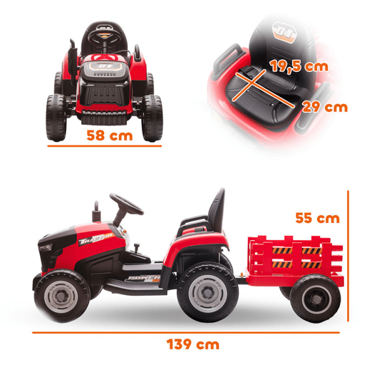 AIYAPLAY Trator Elétrico para Crianças com Reboque Desmontável Bateria 12V Velocidade 3-5 kmh Controle Remoto 2,4G Música Buzina para Crianças de 3-8 Anos 139x58x55 cm Vermelho