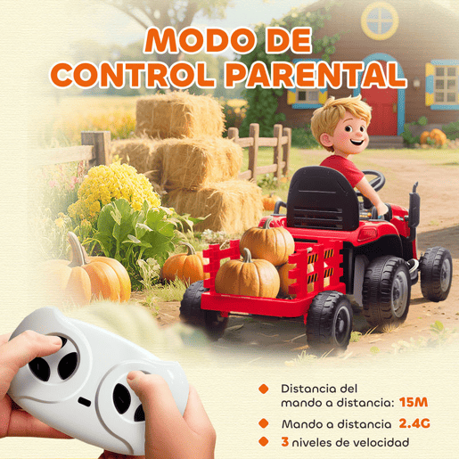 AIYAPLAY Trator Elétrico para Crianças com Reboque Desmontável Bateria 12V Velocidade 3-5 kmh Controle Remoto 2,4G Música Buzina para Crianças de 3-8 Anos 139x58x55 cm Vermelho