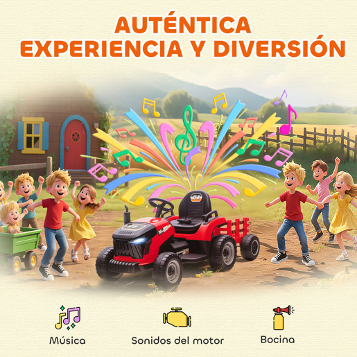 AIYAPLAY Trator Elétrico para Crianças com Reboque Desmontável Bateria 12V Velocidade 3-5 kmh Controle Remoto 2,4G Música Buzina para Crianças de 3-8 Anos 139x58x55 cm Vermelho
