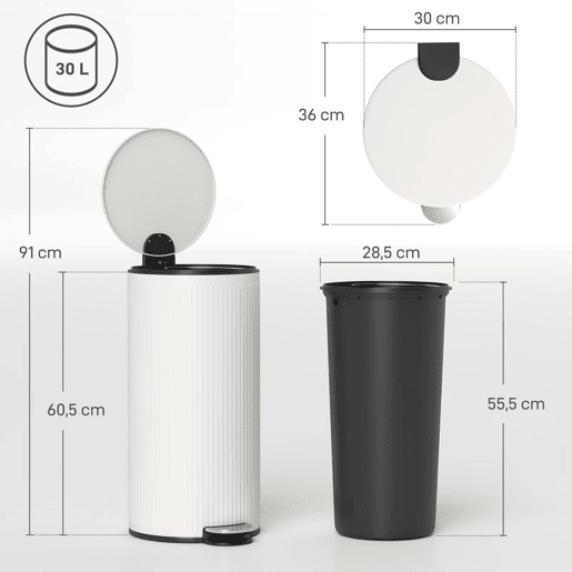 HOMCOM Balde do Lixo para Cozinha com Pedal 30L Cubo de Lixo Metálico com Tampa de Fecho Suave e Balde Removível para Quarto Escritório Estúdio e Sala 36x30x60,5 cm Creme