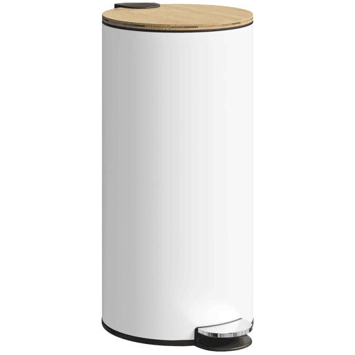 HOMCOM Balde do Lixo para Cozinha com Pedal 30L Cubo de Lixo Metálico com Tampa de Fecho Suave e Balde Removível para Quarto Escritório Estúdio e Sala 36x30x60,5 cm Branco e Madeira