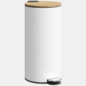 HOMCOM Balde do Lixo para Cozinha com Pedal 30L Cubo de Lixo Metálico com Tampa de Fecho Suave e Balde Removível para Quarto Escritório Estúdio e Sala 36x30x60,5 cm Branco e Madeira