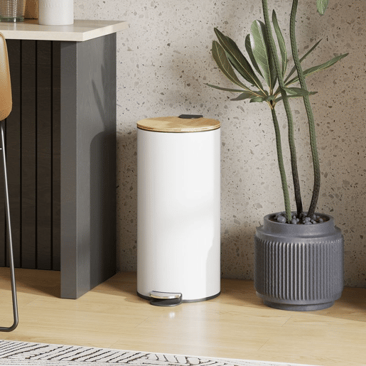 HOMCOM Balde do Lixo para Cozinha com Pedal 30L Cubo de Lixo Metálico com Tampa de Fecho Suave e Balde Removível para Quarto Escritório Estúdio e Sala 36x30x60,5 cm Branco e Madeira