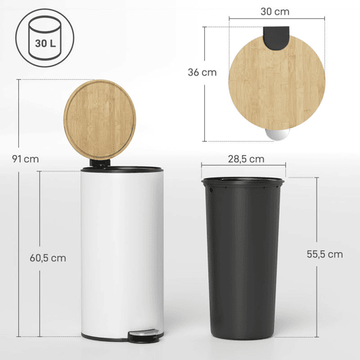 HOMCOM Balde do Lixo para Cozinha com Pedal 30L Cubo de Lixo Metálico com Tampa de Fecho Suave e Balde Removível para Quarto Escritório Estúdio e Sala 36x30x60,5 cm Branco e Madeira