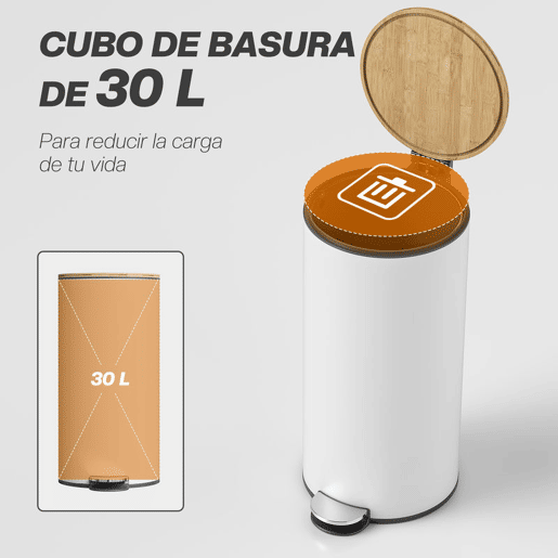 HOMCOM Balde do Lixo para Cozinha com Pedal 30L Cubo de Lixo Metálico com Tampa de Fecho Suave e Balde Removível para Quarto Escritório Estúdio e Sala 36x30x60,5 cm Branco e Madeira