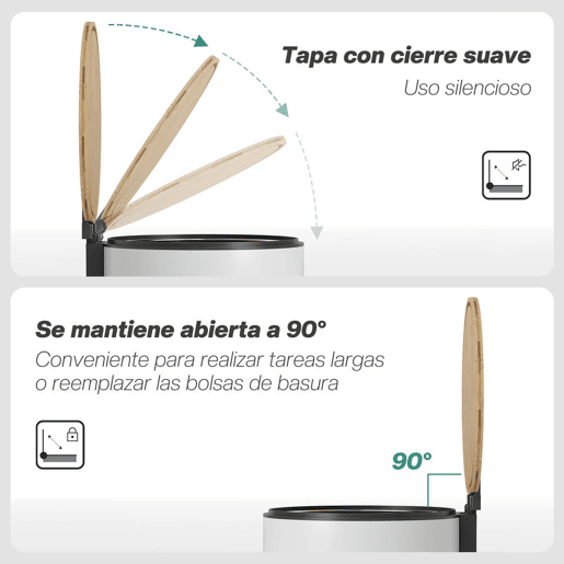 HOMCOM Balde do Lixo para Cozinha com Pedal 30L Cubo de Lixo Metálico com Tampa de Fecho Suave e Balde Removível para Quarto Escritório Estúdio e Sala 36x30x60,5 cm Branco e Madeira