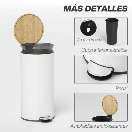 HOMCOM Balde do Lixo para Cozinha com Pedal 30L Cubo de Lixo Metálico com Tampa de Fecho Suave e Balde Removível para Quarto Escritório Estúdio e Sala 36x30x60,5 cm Branco e Madeira
