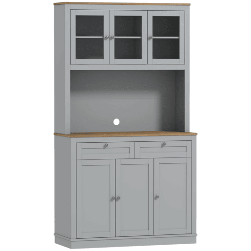 HOMCOM Armário de Cozinha Móvel Auxiliar de Cozinha com 3 Portas de Vidro Compartimento Aberto 2 Gavetas e Prateleiras Ajustáveis 100x40x180 cm Cinzento
