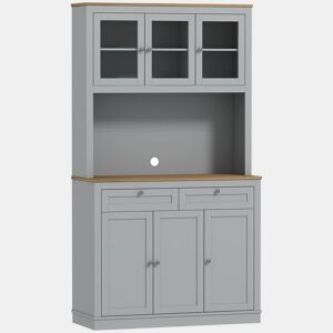 HOMCOM Armário de Cozinha Móvel Auxiliar de Cozinha com 3 Portas de Vidro Compartimento Aberto 2 Gavetas e Prateleiras Ajustáveis 100x40x180 cm Cinzento
