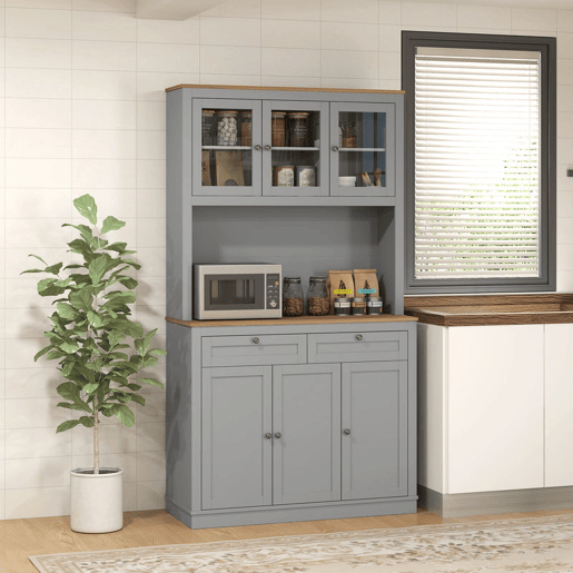 HOMCOM Armário de Cozinha Móvel Auxiliar de Cozinha com 3 Portas de Vidro Compartimento Aberto 2 Gavetas e Prateleiras Ajustáveis 100x40x180 cm Cinzento
