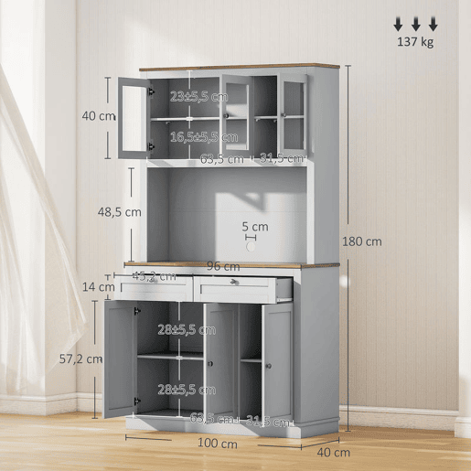HOMCOM Armário de Cozinha Móvel Auxiliar de Cozinha com 3 Portas de Vidro Compartimento Aberto 2 Gavetas e Prateleiras Ajustáveis 100x40x180 cm Cinzento