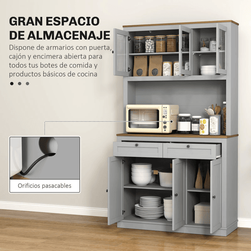HOMCOM Armário de Cozinha Móvel Auxiliar de Cozinha com 3 Portas de Vidro Compartimento Aberto 2 Gavetas e Prateleiras Ajustáveis 100x40x180 cm Cinzento