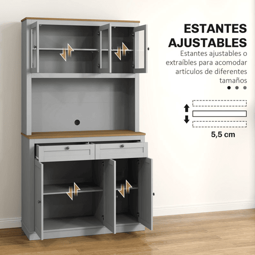 HOMCOM Armário de Cozinha Móvel Auxiliar de Cozinha com 3 Portas de Vidro Compartimento Aberto 2 Gavetas e Prateleiras Ajustáveis 100x40x180 cm Cinzento
