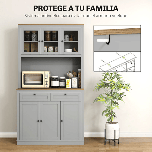 HOMCOM Armário de Cozinha Móvel Auxiliar de Cozinha com 3 Portas de Vidro Compartimento Aberto 2 Gavetas e Prateleiras Ajustáveis 100x40x180 cm Cinzento