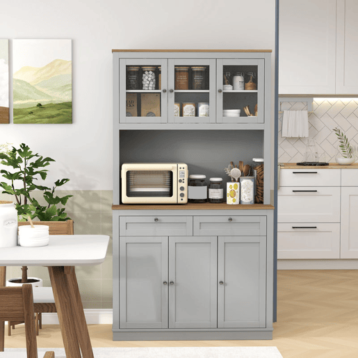 HOMCOM Armário de Cozinha Móvel Auxiliar de Cozinha com 3 Portas de Vidro Compartimento Aberto 2 Gavetas e Prateleiras Ajustáveis 100x40x180 cm Cinzento