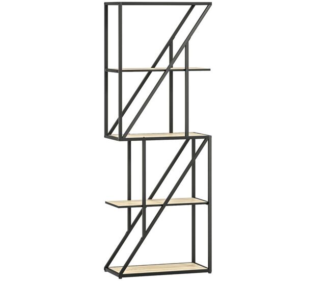 Homcom librería de 5 niveles, estantería para libros industrial con estantes abiertos y marco de acero entrecruzado, para salón, dormitorio, oficina, 60x30x165 cm, roble