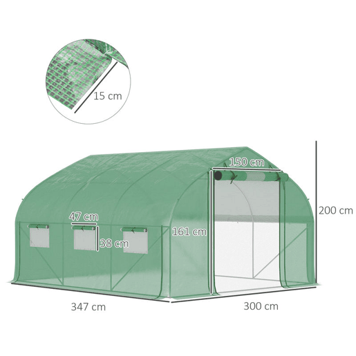 Outsunny Estufa Tipo Túnel 347x300x200 cm Estufa de Jardim com Porta Enrolável 6 Janelas Cobertura PE 140gm² Estrutura de Aço Galvanizado para Cultivos Plantas Flores Verde