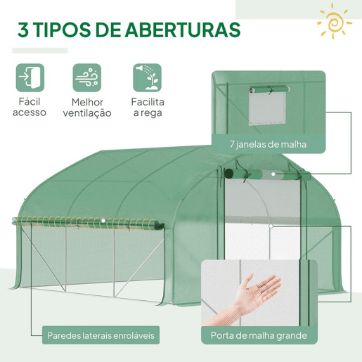 Outsunny Estufa Tipo Túnel 347x300x200 cm Estufa de Jardim com Porta Enrolável 6 Janelas Cobertura PE 140gm² Estrutura de Aço Galvanizado para Cultivos Plantas Flores Verde