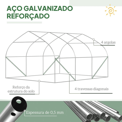 Outsunny Estufa Tipo Túnel 347x300x200 cm Estufa de Jardim com Porta Enrolável 6 Janelas Cobertura PE 140gm² Estrutura de Aço Galvanizado para Cultivos Plantas Flores Verde
