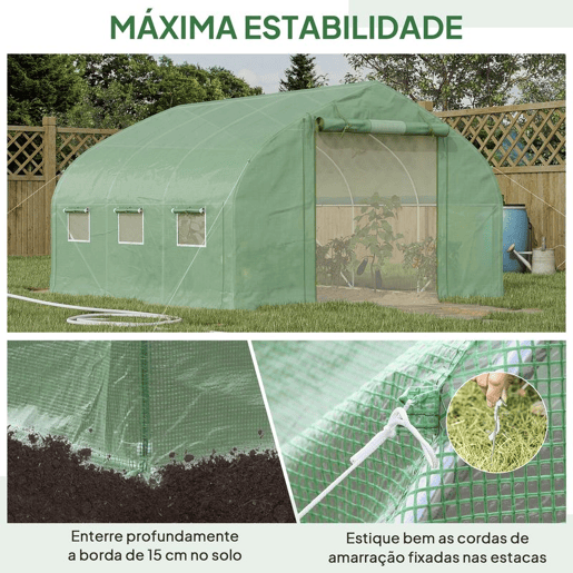 Outsunny Estufa Tipo Túnel 347x300x200 cm Estufa de Jardim com Porta Enrolável 6 Janelas Cobertura PE 140gm² Estrutura de Aço Galvanizado para Cultivos Plantas Flores Verde