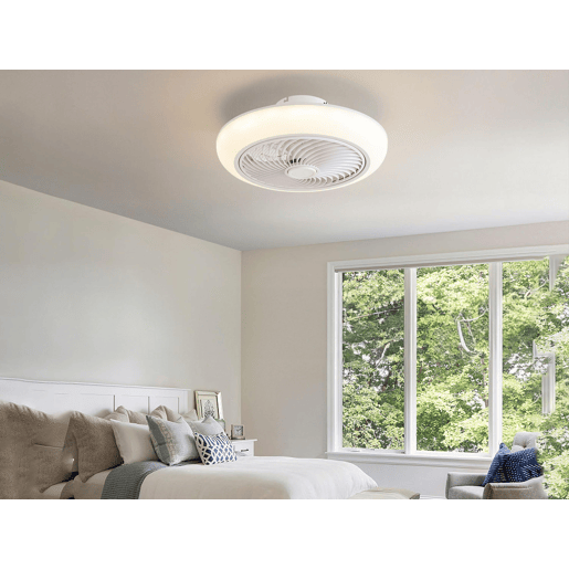 Lâmpada LED para ventoinha de teto com grelha. Controlo com telecomando ou através da aplicação via Bluetooth. Três tipos de luz LED: Fria. Natural ou Quente. Níveis de intensidade luminosa graduados Luz: 36W. Ventoinha: 13W. Temporizador. Ventoinha com 6