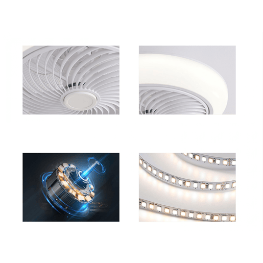 Lâmpada LED para ventoinha de teto com grelha. Controlo com telecomando ou através da aplicação via Bluetooth. Três tipos de luz LED: Fria. Natural ou Quente. Níveis de intensidade luminosa graduados Luz: 36W. Ventoinha: 13W. Temporizador. Ventoinha com 6