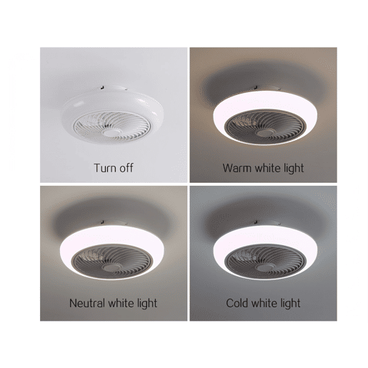 Lâmpada LED para ventoinha de teto com grelha. Controlo com telecomando ou através da aplicação via Bluetooth. Três tipos de luz LED: Fria. Natural ou Quente. Níveis de intensidade luminosa graduados Luz: 36W. Ventoinha: 13W. Temporizador. Ventoinha com 6
