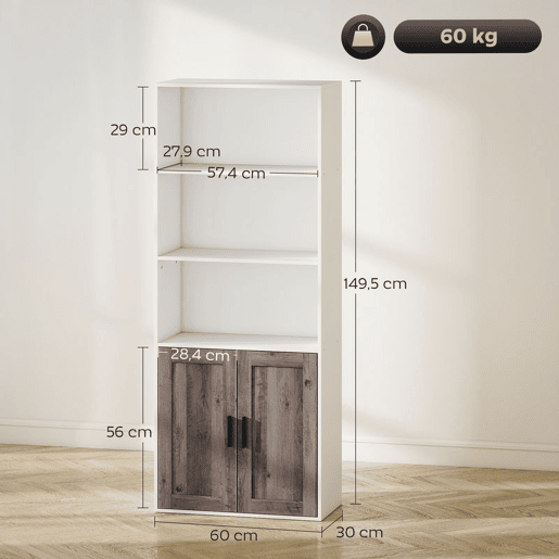 HOMCOM Estante para Livros Estreita Estante com Prateleiras Abertas e Armário com Prateleira Ajustável para Sala Escritório e Estúdio 60x30x149,5 cm Branco e Castanho
