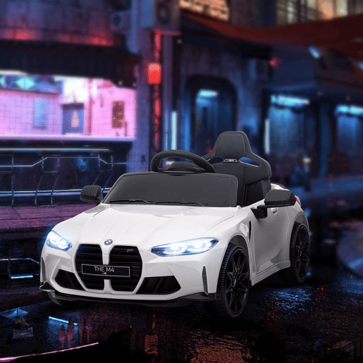 AIYAPLAY Carro Elétrico para Crianças, BMW M4, Carro a Bateria 12V, com Controlo Remoto 2,4 G, Rodas Traseiras com Suspensão, 3-5 kmh, Faróis LED, Buzina, Música, USB, Motor Duplo, Branco