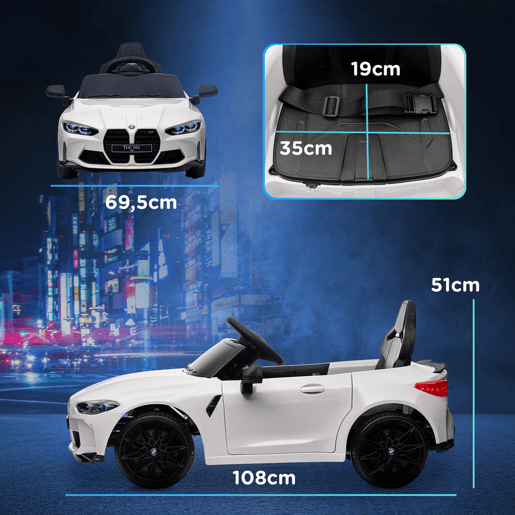 AIYAPLAY Carro Elétrico para Crianças, BMW M4, Carro a Bateria 12V, com Controlo Remoto 2,4 G, Rodas Traseiras com Suspensão, 3-5 kmh, Faróis LED, Buzina, Música, USB, Motor Duplo, Branco