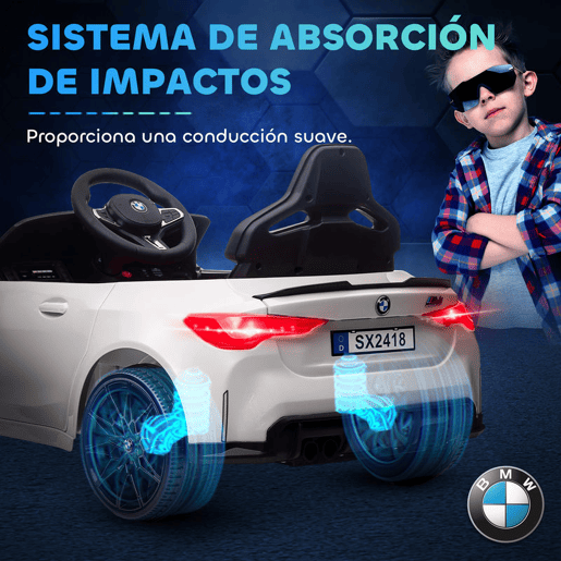 AIYAPLAY Carro Elétrico para Crianças, BMW M4, Carro a Bateria 12V, com Controlo Remoto 2,4 G, Rodas Traseiras com Suspensão, 3-5 kmh, Faróis LED, Buzina, Música, USB, Motor Duplo, Branco