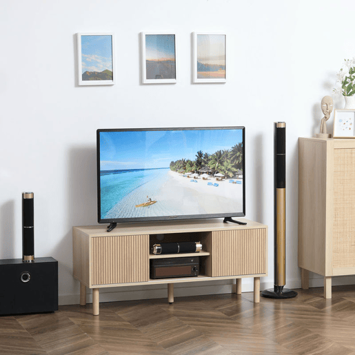 HOMCOM Móvel de TV Móvel para Televisão até 50 Polegadas com Portas de Correr Prateleiras Abertas e Orifícios para Cabos para Sala de Estar 115x40x49 cm Madeira
