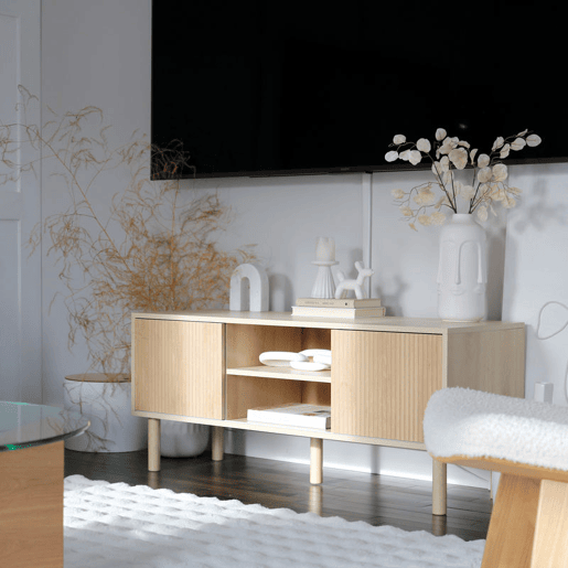 HOMCOM Móvel de TV Móvel para Televisão até 50 Polegadas com Portas de Correr Prateleiras Abertas e Orifícios para Cabos para Sala de Estar 115x40x49 cm Madeira