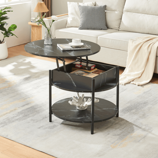 Mesa de centro Kandas com tampo elevável 70x49 cm - Efeito mármore preto en.casa