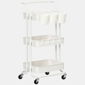 HOMCOM Carrinho de Cozinha de Aço Carrinho de Armazenamento com 4 Ganchos 3 Cestas Removíveis 3 Caixas Suspensas e Travões para Casa de Banho Sala de Estar Dormitório 42x38x86,5 cm Branco