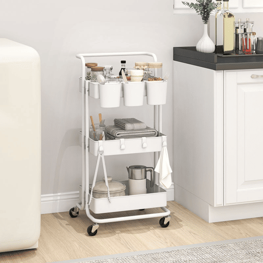 HOMCOM Carrinho de Cozinha de Aço Carrinho de Armazenamento com 4 Ganchos 3 Cestas Removíveis 3 Caixas Suspensas e Travões para Casa de Banho Sala de Estar Dormitório 42x38x86,5 cm Branco