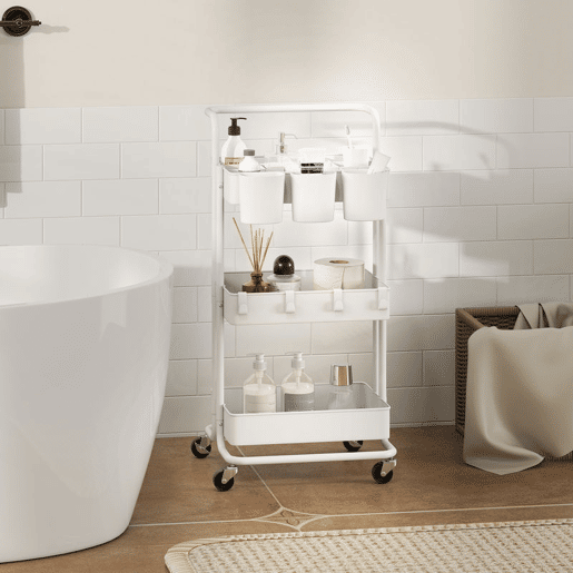 HOMCOM Carrinho de Cozinha de Aço Carrinho de Armazenamento com 4 Ganchos 3 Cestas Removíveis 3 Caixas Suspensas e Travões para Casa de Banho Sala de Estar Dormitório 42x38x86,5 cm Branco
