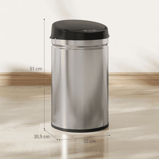HOMCOM Balde de Lixo de Cozinha Automático 30 L Caixote de Cozinha em Aço Inoxidável Sensor Infravermelhos Fecho Automático Anti-Impressões Digitais para Quarto Escritório 32x30,5x51 cm Prata