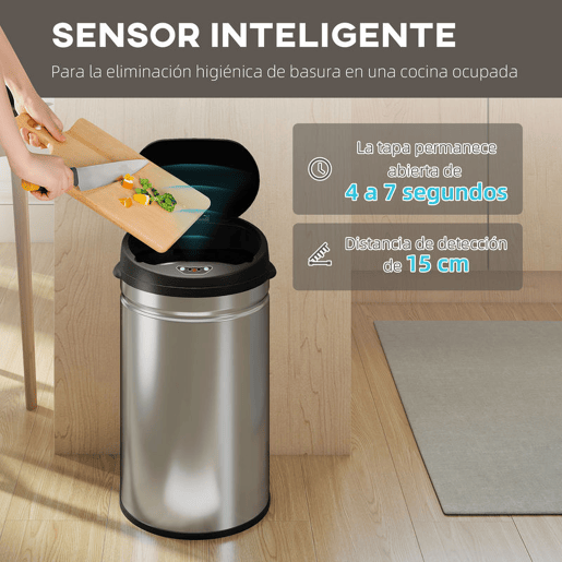 HOMCOM Balde de Lixo de Cozinha Automático 30 L Caixote de Cozinha em Aço Inoxidável Sensor Infravermelhos Fecho Automático Anti-Impressões Digitais para Quarto Escritório 32x30,5x51 cm Prata