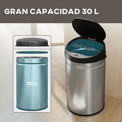HOMCOM Balde de Lixo de Cozinha Automático 30 L Caixote de Cozinha em Aço Inoxidável Sensor Infravermelhos Fecho Automático Anti-Impressões Digitais para Quarto Escritório 32x30,5x51 cm Prata