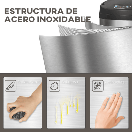 HOMCOM Balde de Lixo de Cozinha Automático 30 L Caixote de Cozinha em Aço Inoxidável Sensor Infravermelhos Fecho Automático Anti-Impressões Digitais para Quarto Escritório 32x30,5x51 cm Prata