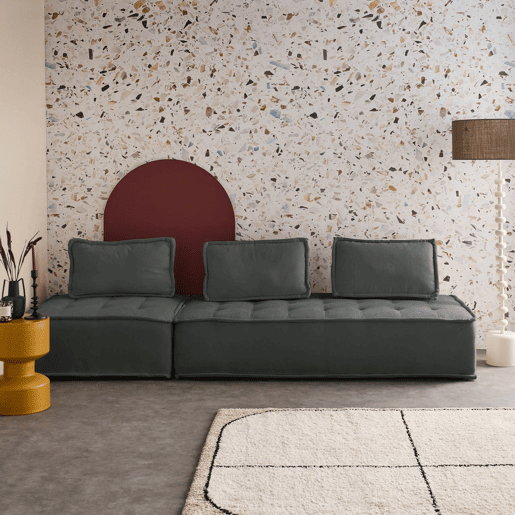 Sofá modular em tecido estofado de 3 lugares, Dao, Cinza escuro, 180x90x78 cm