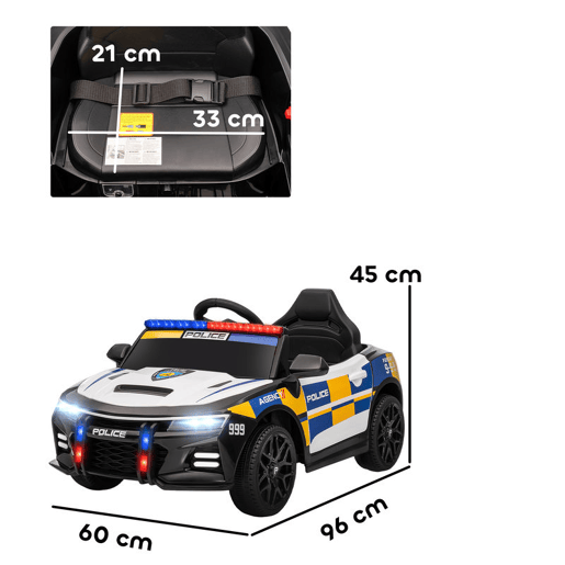 AIYAPLAY Carro Elétrico Infantil Modelo Policial 12V com Comando a Distância 2,4 Luzes Sirene Música USB e Suspensão 96x60x45 cm Multicor