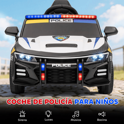 AIYAPLAY Carro Elétrico Infantil Modelo Policial 12V com Comando a Distância 2,4 Luzes Sirene Música USB e Suspensão 96x60x45 cm Multicor